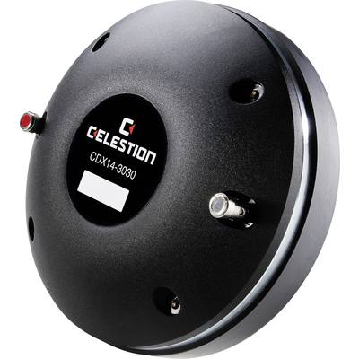 Zwarte luidsprekerdrijver met het opschrift 'CELESTION CDX14-3030'. Cilindrische vorm, twee metalen aansluitingen zichtbaar.