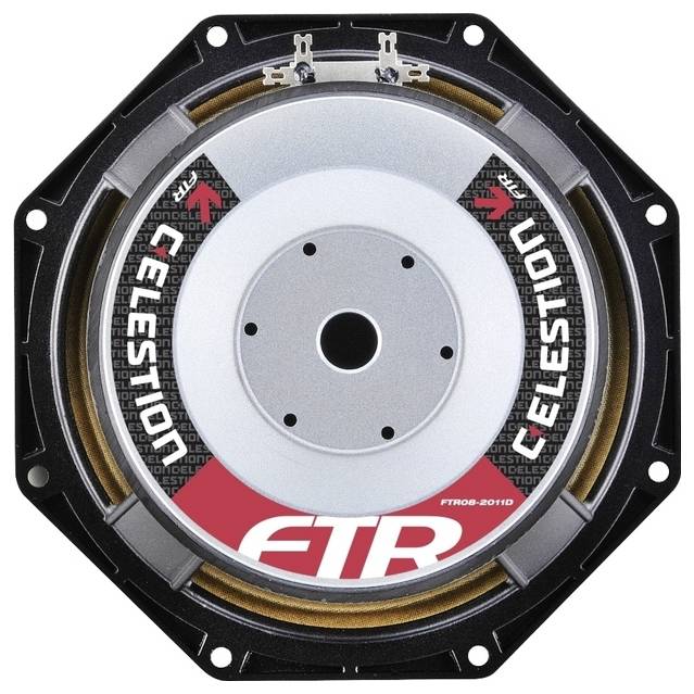 Luidspreker met een ronde metalen afdekking, waarop de tekst 'Celestion FTR' staat en een rode streep.
