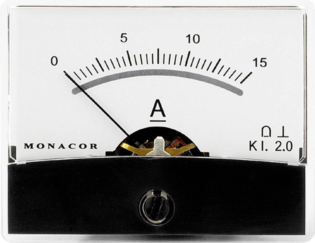 Analoge ampèremeter met naald op nul, meet elektrische stroom in ampère. Schaal van 0 tot 15, fabrikantsnaam 'MONACOR' linksonder.