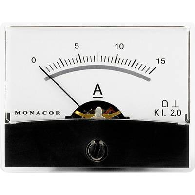Analoge ampèremeter met naald op nul, meet elektrische stroom in ampère. Schaal van 0 tot 15, fabrikantsnaam 'MONACOR' linksonder.