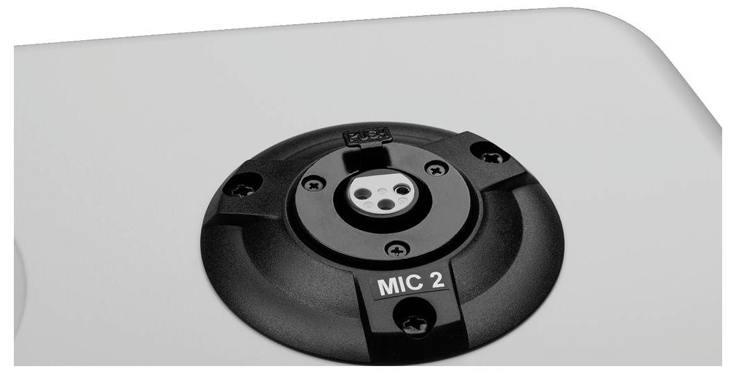XLR-microfoonaansluiting met de aanduiding 'MIC 2' op een apparaatoppervlak.