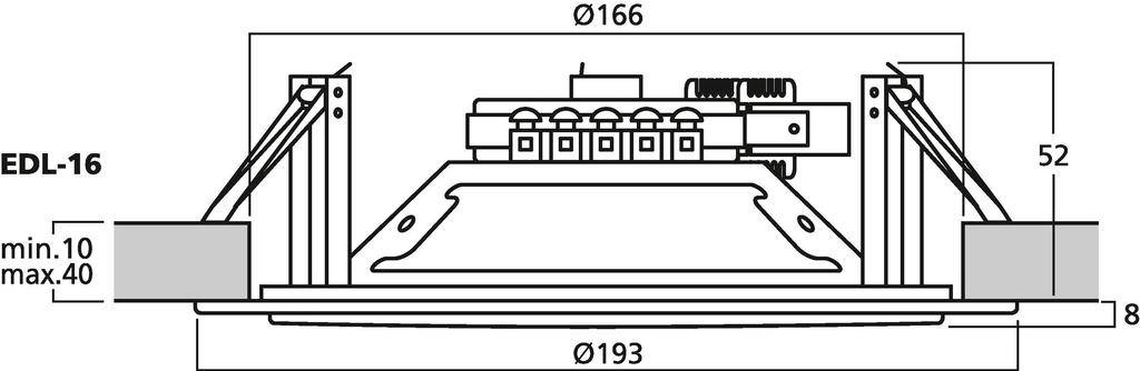 Technische tekening van een inbouwspot 'EDL-16' met de volgende afmetingen: diameter 166 mm, hoogte 52 mm, en inbouwdiameter 193 mm.