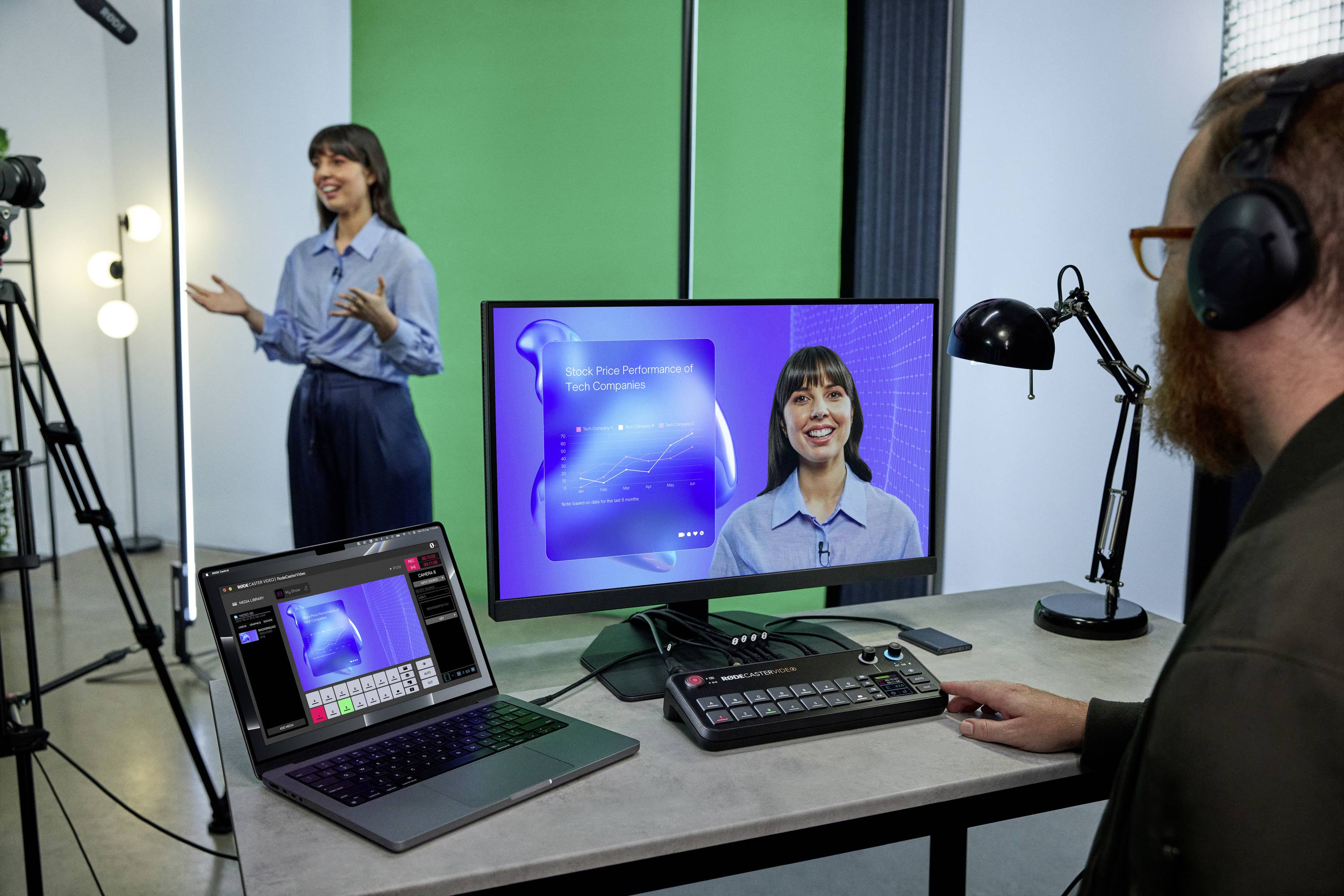 Een vrouw presenteert in een studio. Op een monitor is haar beeld te zien en een grafiek van een omzetcurve. Een man bedient de techniek.