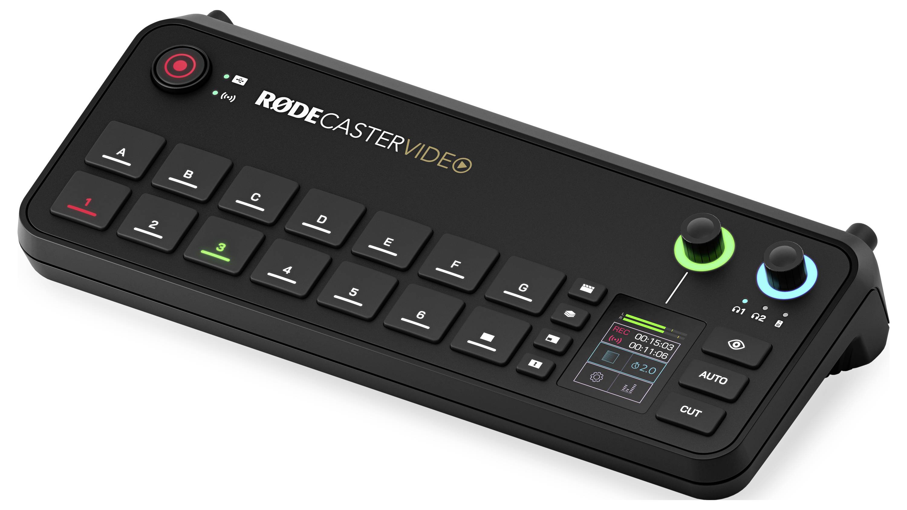 Console voor audio- en video-opname met knoppen en draaiknoppen, merk 'RodeCaster Video'. Geschikt voor studio of podcast.