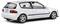 Witte, sportieve compacte auto met achterspoiler. Model van de Honda Civic met DOHC VTEC-motor.