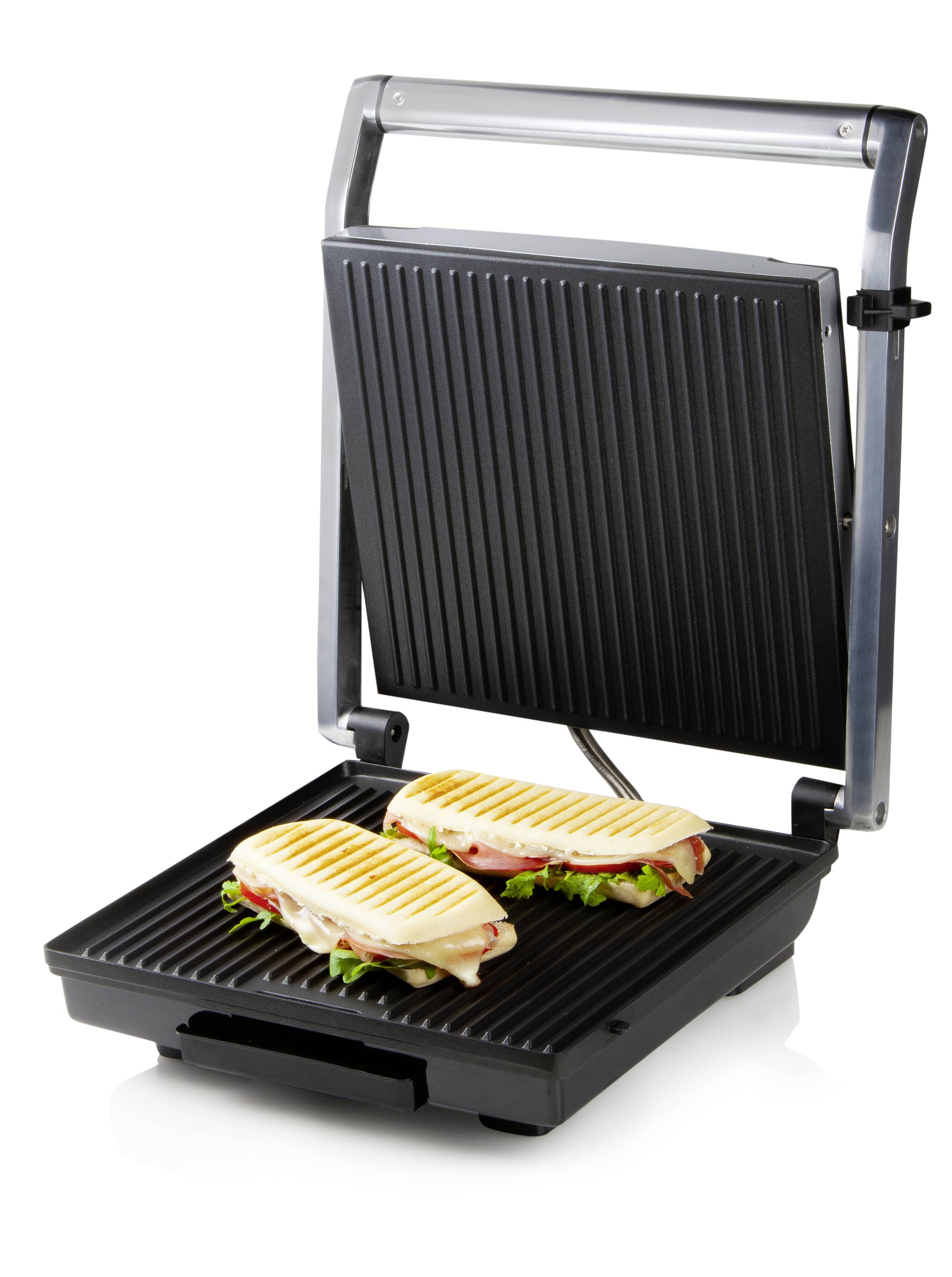 Een open contactgrill met twee gegrilde panini's. De panini's bevatten ham, kaas en sla. Ideaal voor sandwiches en panini's.
