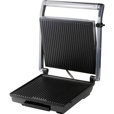 Een geopende contactgrill met geprofileerde grillplaten, klaar om gerechten te grillen. Ideaal voor sandwiches en gegrilde gerechten.