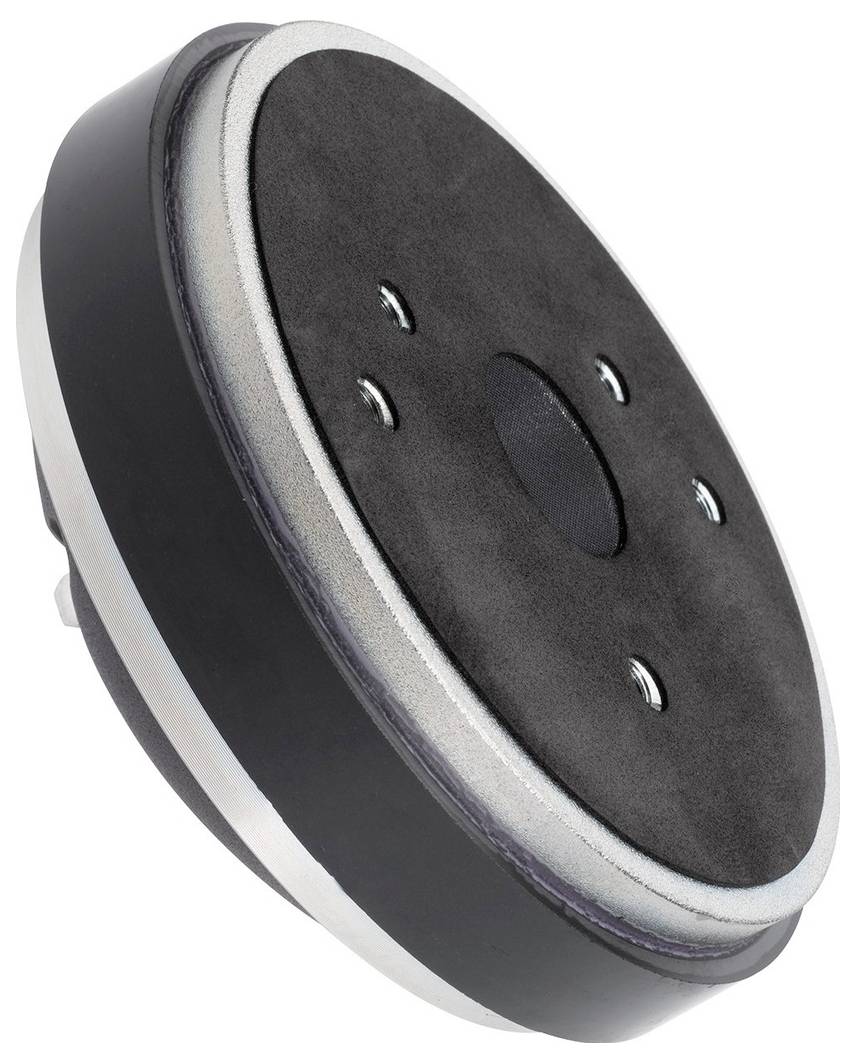 Zwart rond apparaat of onderdeel met metalen frame en bouten. Blijkbaar een mechanisch onderdeel of accessoire.