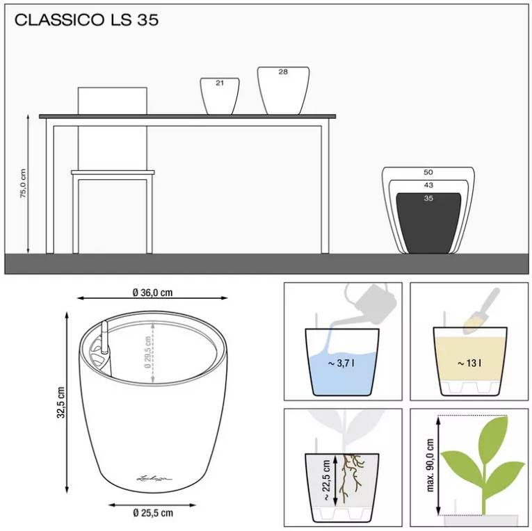 LECHUZA Classico 35 LS ALL-IN-ONE Bloempot - 35 x 32,5 cm - Glanzend Wit - Bewateringssysteem - Inhoud: 13 L-2