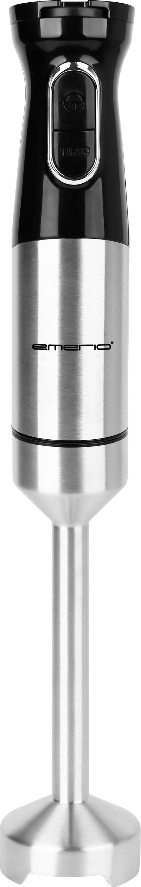 Een zilveren en zwarte staafmixer met metalen voet, ideaal voor het pureren van ingrediënten in de keuken.