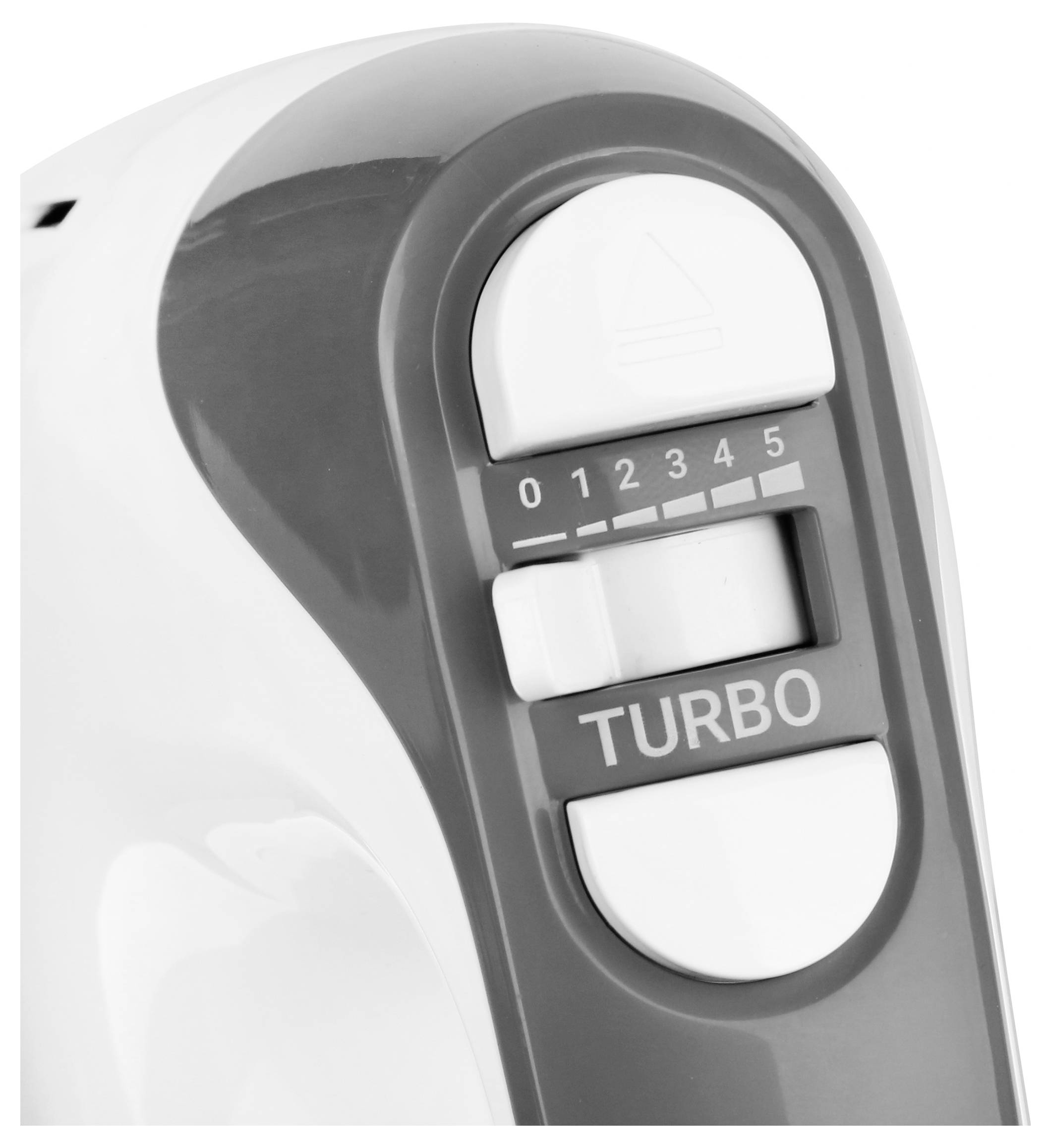 Een keukenhulpmiddel met een grijze schuifregelaar voor het instellen van vijf niveaus en een witte knop met de tekst 'Turbo'.