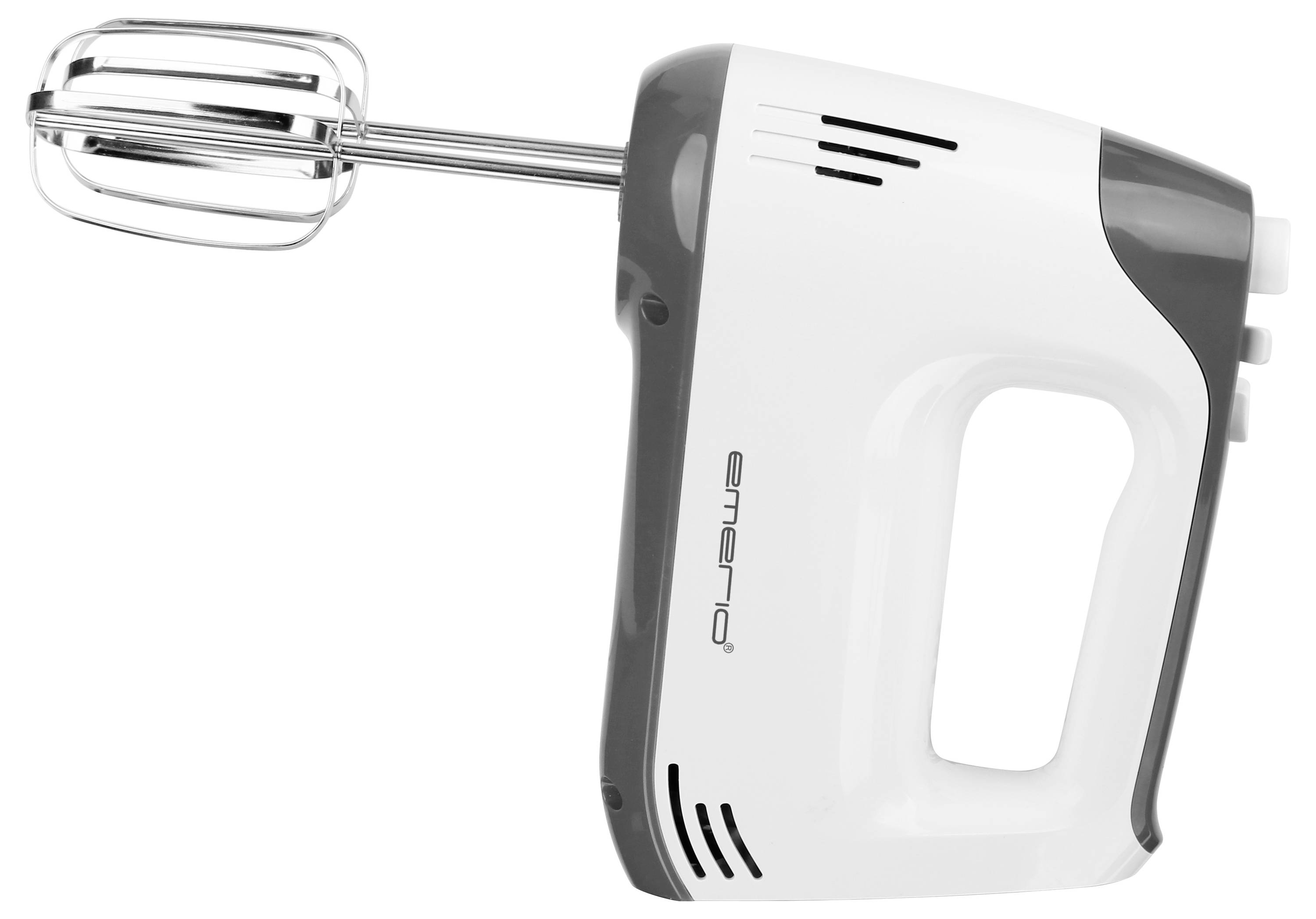 Een witte handmixer met grijs-zwarte accenten, twee garden en een ergonomische handgreep voor gemakkelijke bediening.