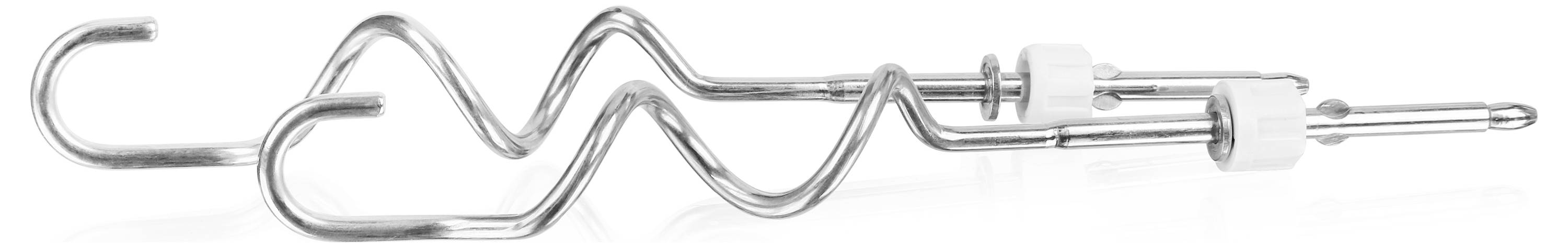 Twee RVS deeghaakjes met witte kunststof handgreep liggen naast elkaar op een witte ondergrond.