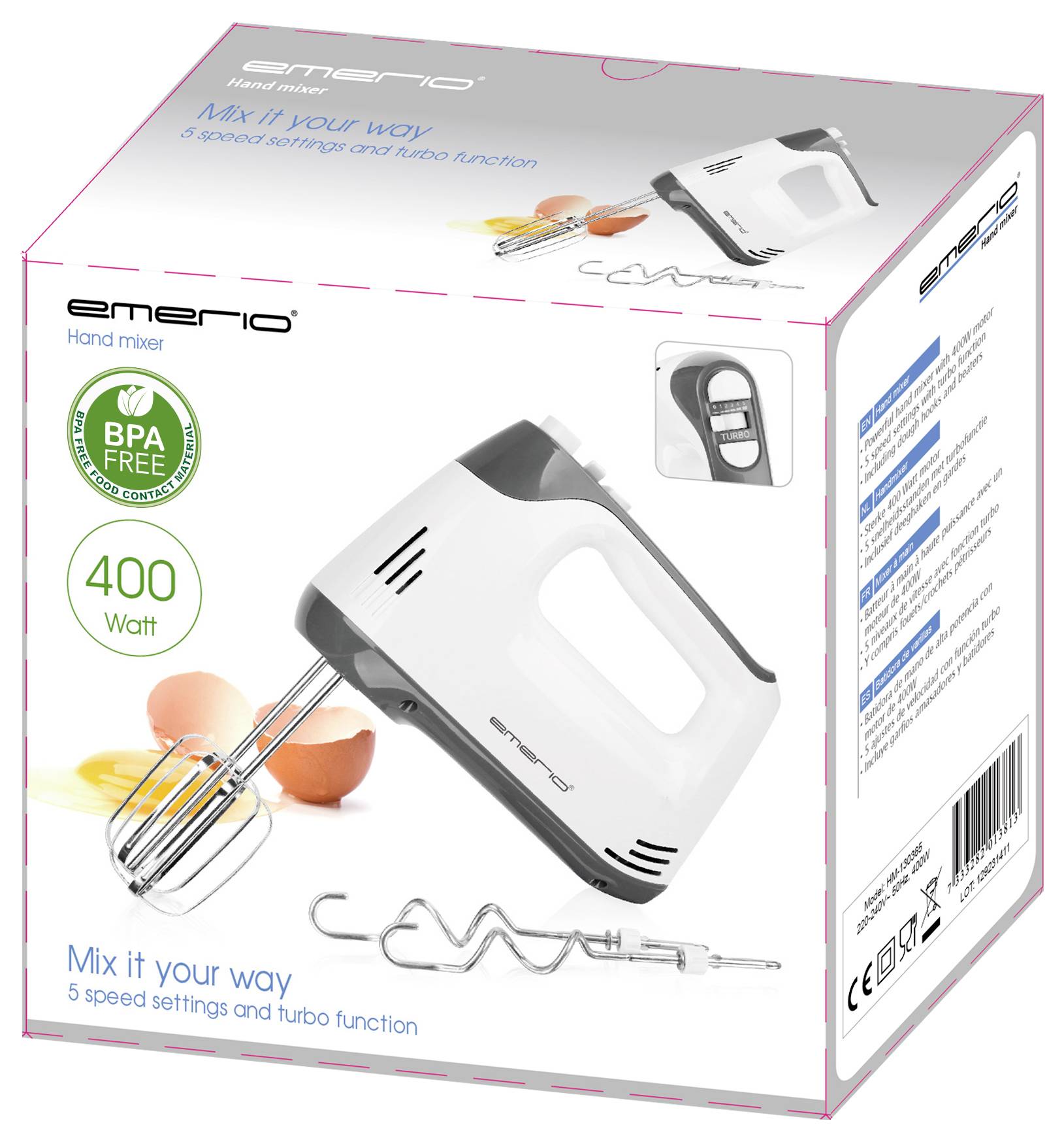 Handmixer-verpakking met afbeelding van de witte mixer, 400 Watt vermogen. Product bevat BPA-vrije materialen. Functies: 5 snelheden en turbo-modus.