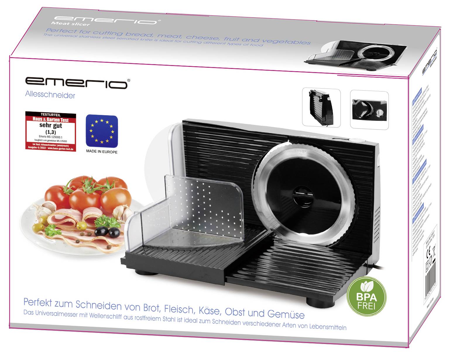 'Elektrische multifunctionele snijmachine van emerio voor brood, vlees, kaas, fruit en groenten. Bevat een snijschijf met plakjesstand en het kwaliteitskeurmerk "Zeer goed" van Haus & Garten Test.'