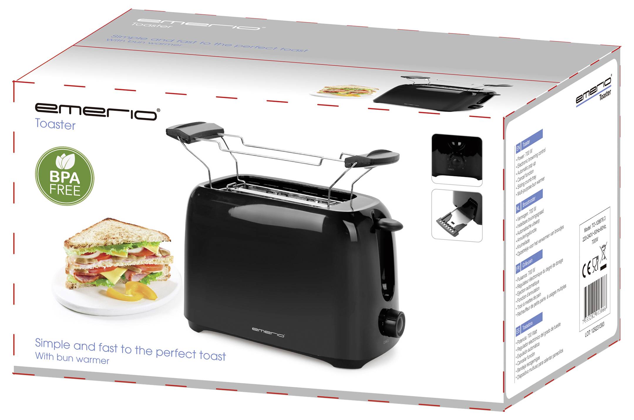 Verpakking van een zwarte broodrooster met broodjesopzetstuk. Tekst: 'Eenvoudig en snel naar de perfecte toast'. BPA-vrij-logo zichtbaar.
