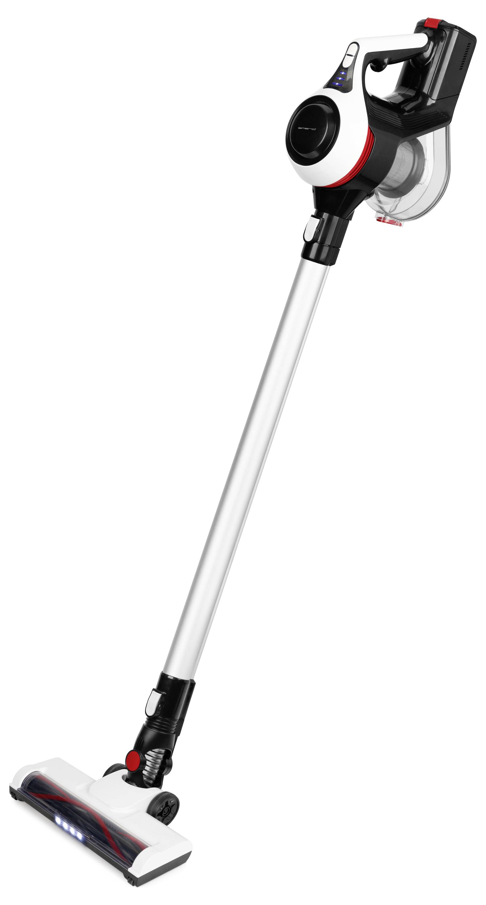 Draadloze stofzuiger met een lange steel en LED-verlichting aan de mondstuk, voornamelijk in zwart, wit en rood uitgevoerd.
