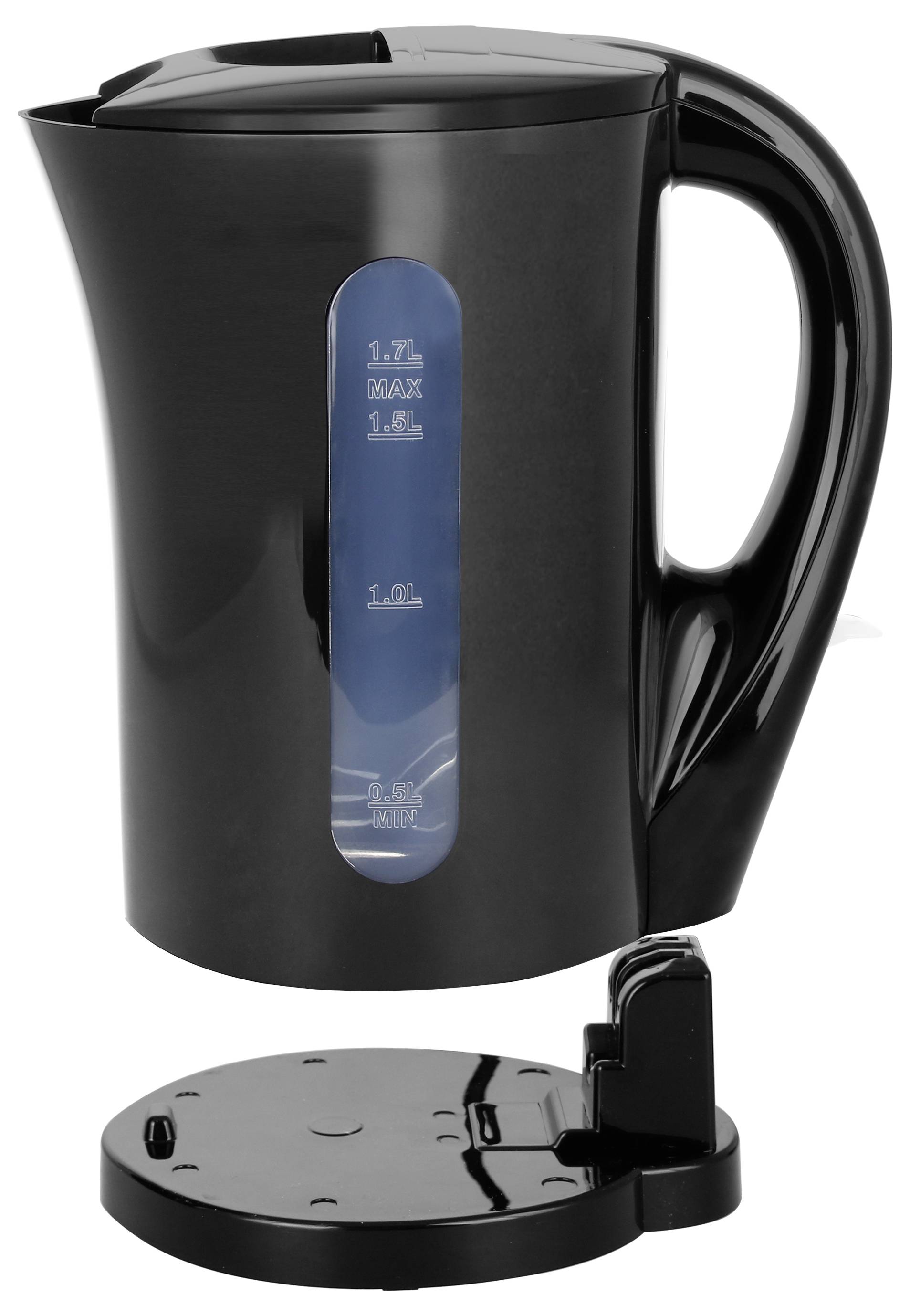 Een zwarte waterkoker met een transparante waterpeilindicator, die op een aparte voet staat.