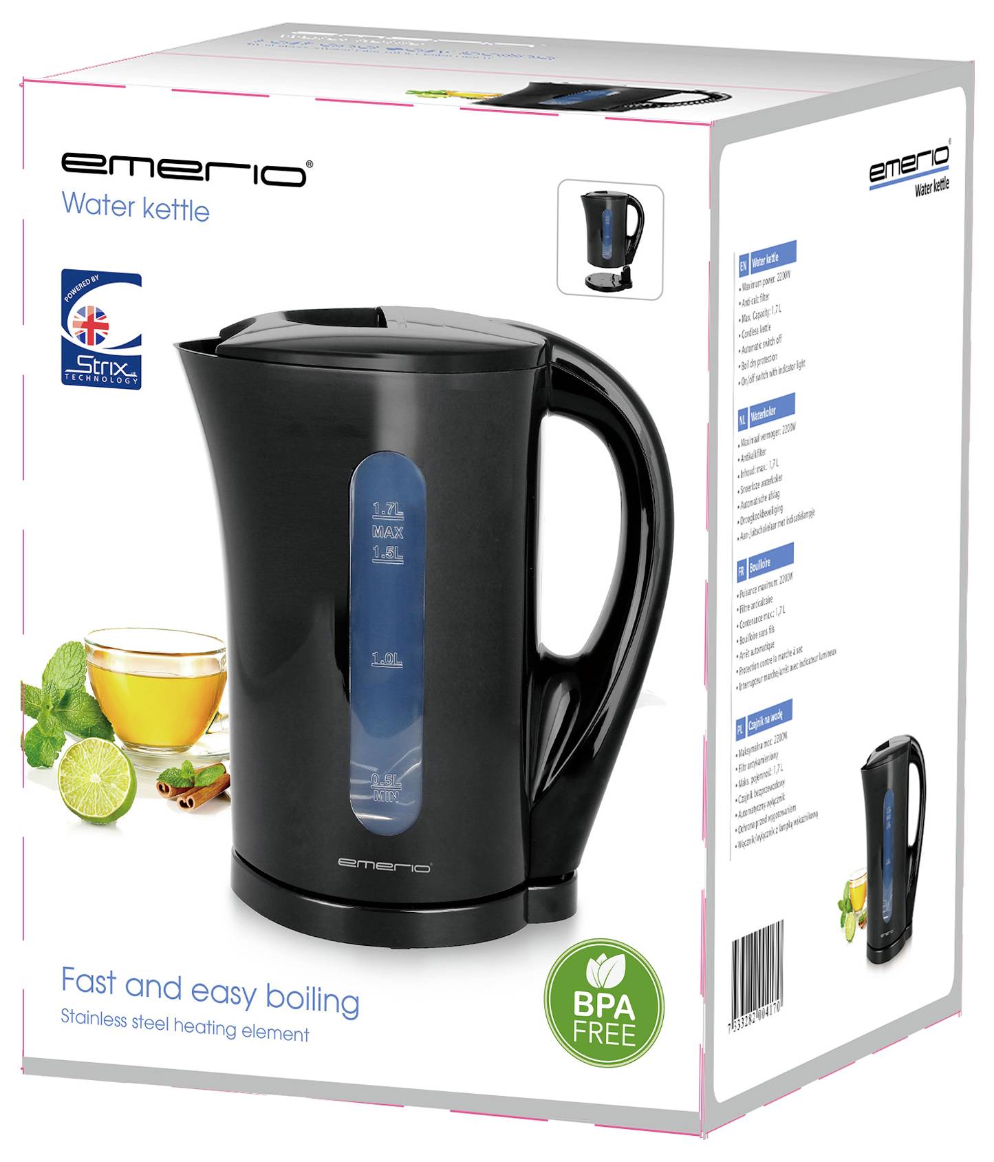 Waterkoker van het merk Emerio, zwart, BPA-vrij, met roestvrij stalen verwarmingselement. Inhoud 1,7 liter. Verpakking toont productafbeelding en eigenschappen.