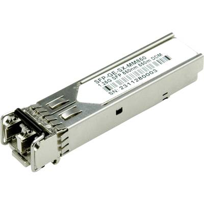 Een SFP-module met de opdruk 'SFP-GES-SX-MM850' voor 1,25G Ethernet, geschikt voor 850 nm en 550m bereik. Serienummer: 23111280003.