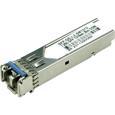 Een zilveren SFP-module, gemerkt met 'SFP-GE-LX-SM1310', wordt gebruikt voor glasvezelverbindingen in netwerken tot 15 km.