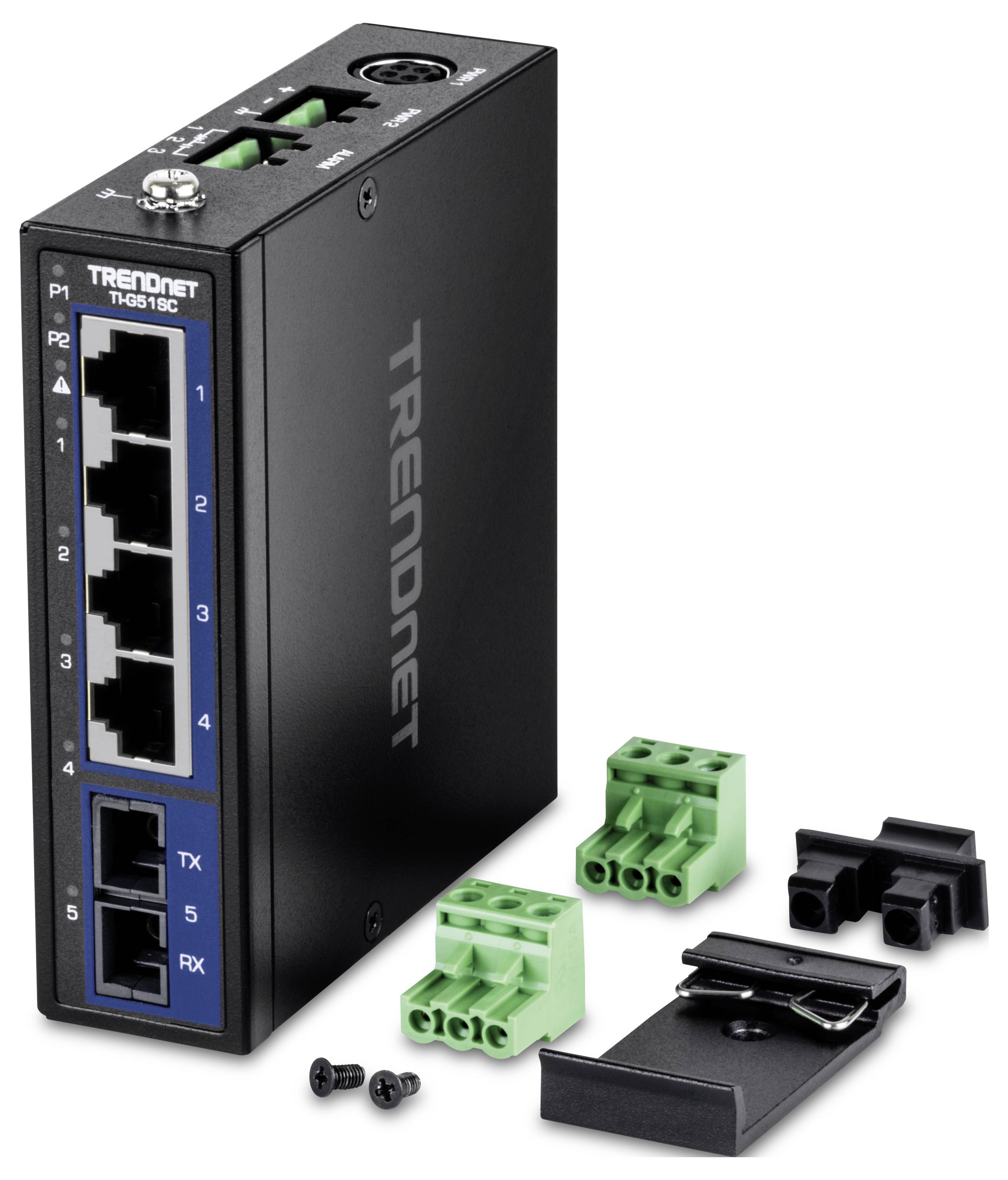 'Industriële Gigabit-Ethernet-glasvezelconverter TRENDnet TI-G515C' met vijf RJ-45-poorten en glasvezelaansluitingen, accessoires inbegrepen.