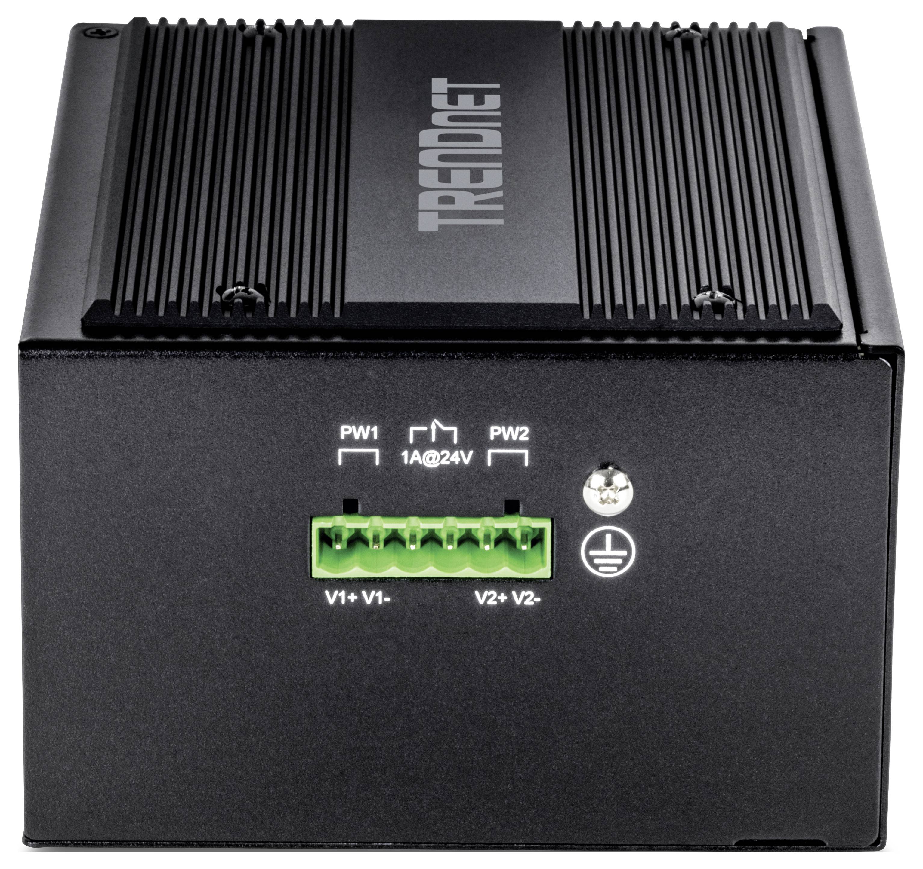 Een zwart elektronisch apparaat met meerdere groene aansluitklemmen aan de voorkant. Daarop is het woord 'TRENDnet' zichtbaar.