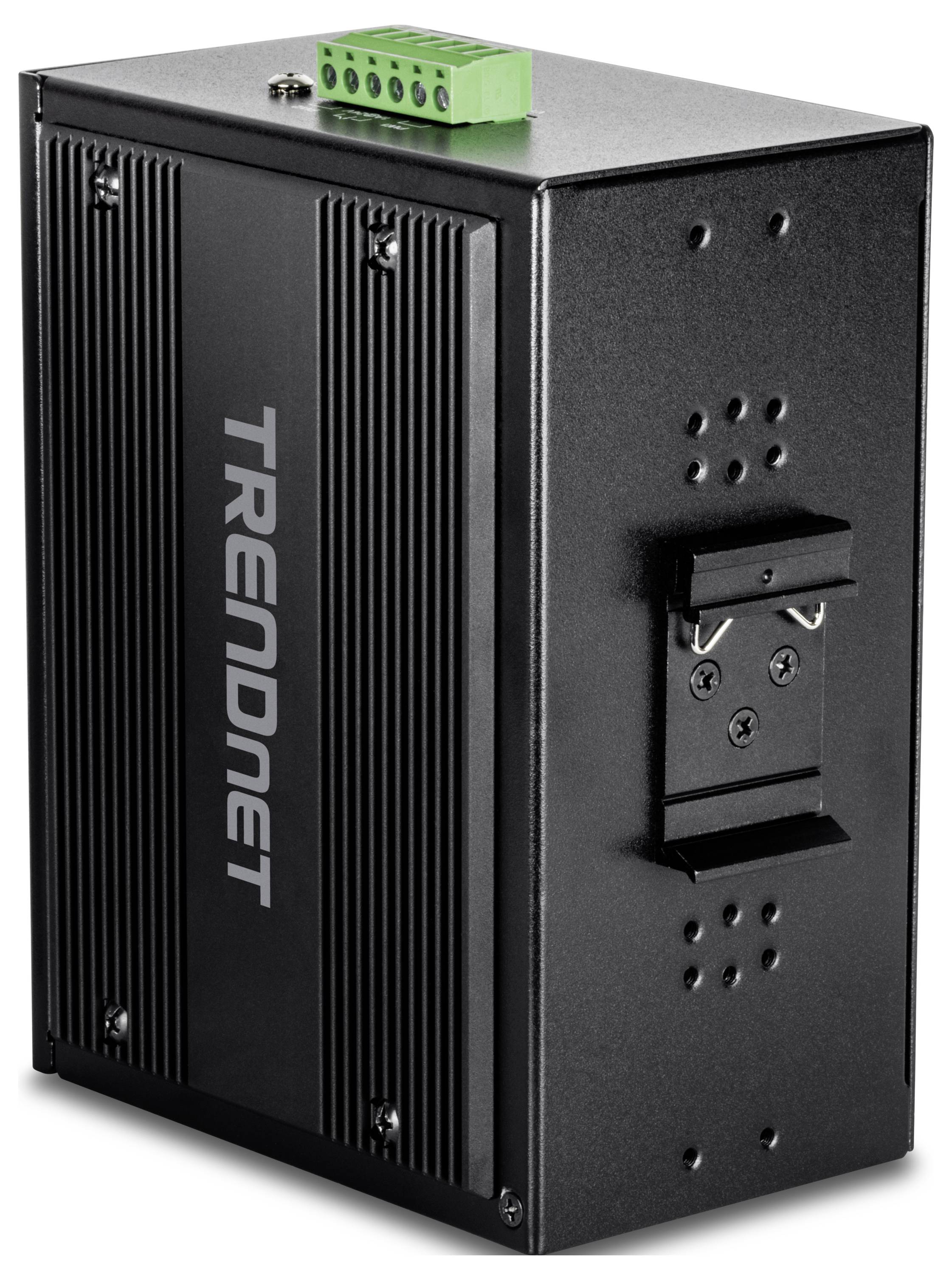 Industriële netwerk-switch met robuuste, zwarte behuizing en groene aansluitklemmen voor DIN-railmontage.