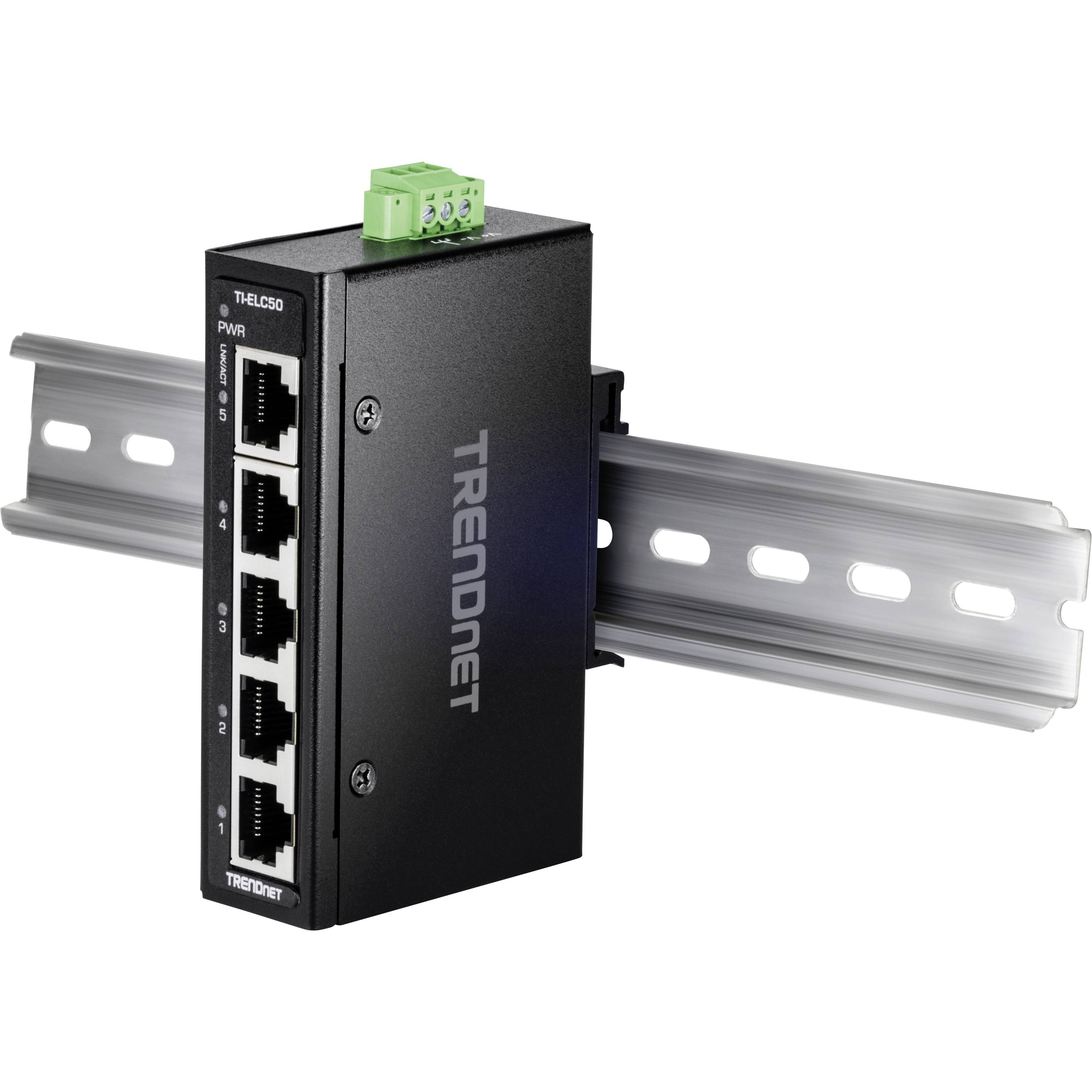 TRENDnet-industrieswitch met vier Ethernet-poorten, gemonteerd op een DIN-rail.
