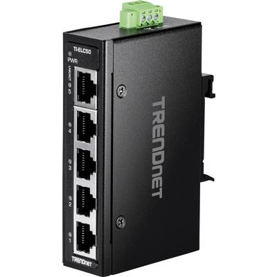 Een zwarte netwerk-switch van TRENDnet met vijf Ethernet-poorten en een groene aansluitbalk bovenaan.