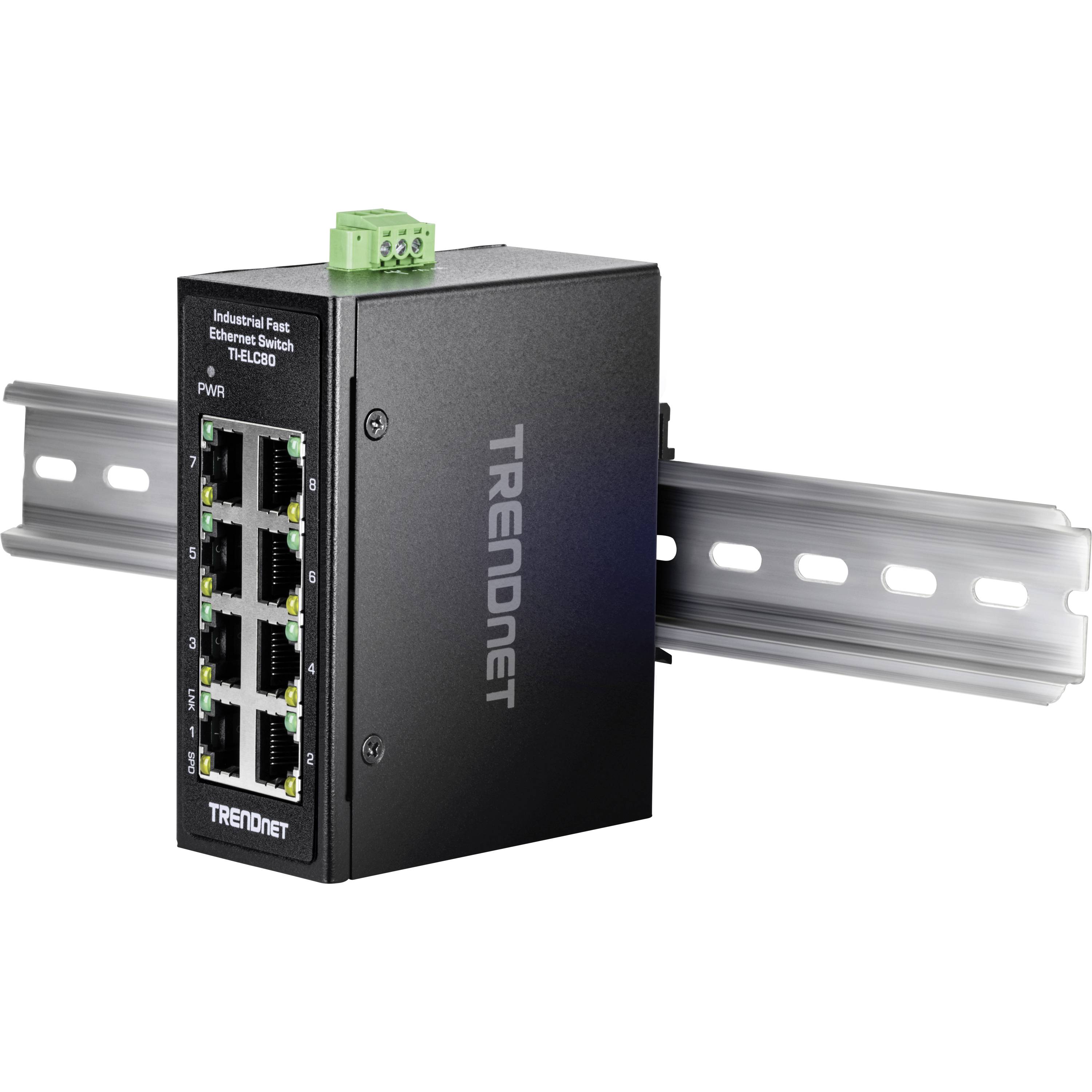 Industriële Ethernet-switch met acht poorten, gemonteerd op DIN-rail, zwarte behuizing met groene voedingsaansluitklem bovenaan.