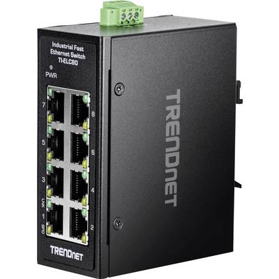 Industriële Fast Ethernet-switch met acht poorten, zwarte behuizing, merk TRENDnet, modelnaam THELC80.