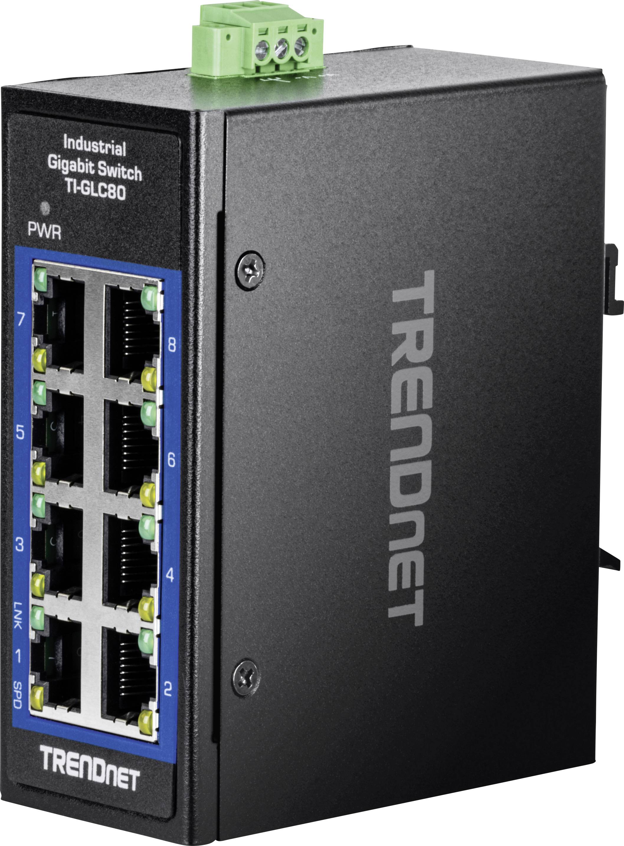 Industriële Gigabit-Ethernet-switch met acht poorten van TRENDnet, model TI-IGL80, geschikt voor robuuste netwerktoepassingen.