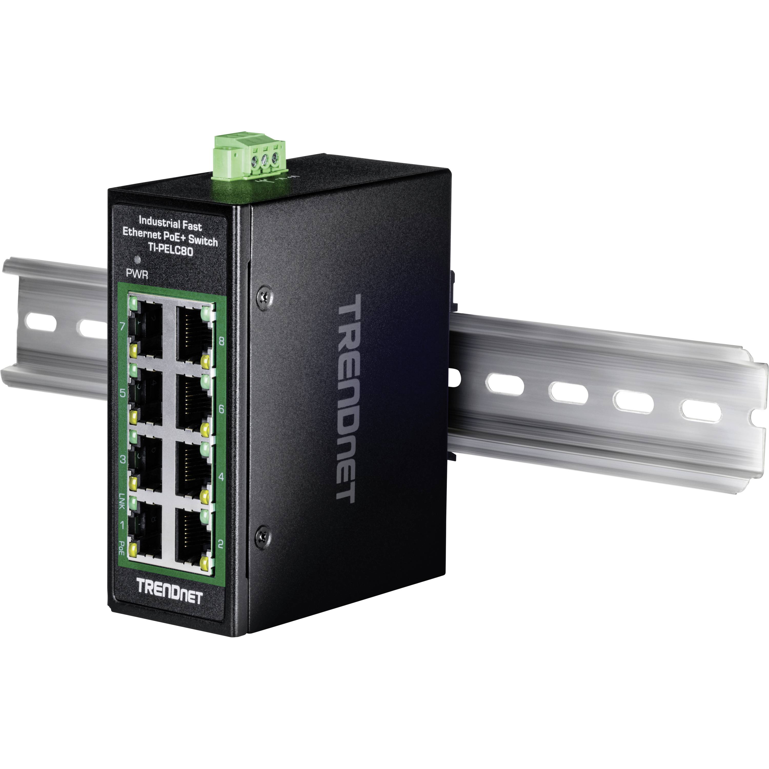'Industriële Fast Ethernet PoE-switch van TRENDnet met acht poorten, gemonteerd op een DIN-rail.'