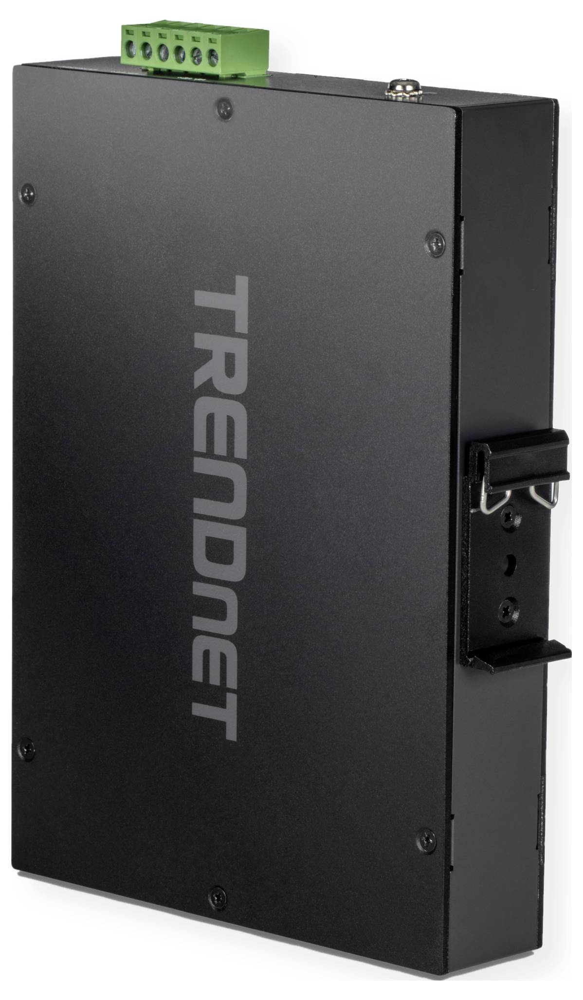 Een zwart industrieel netwerktoestel met het opschrift 'TRENDnet' aan de voorkant, groene aansluitklemmen bovenaan.