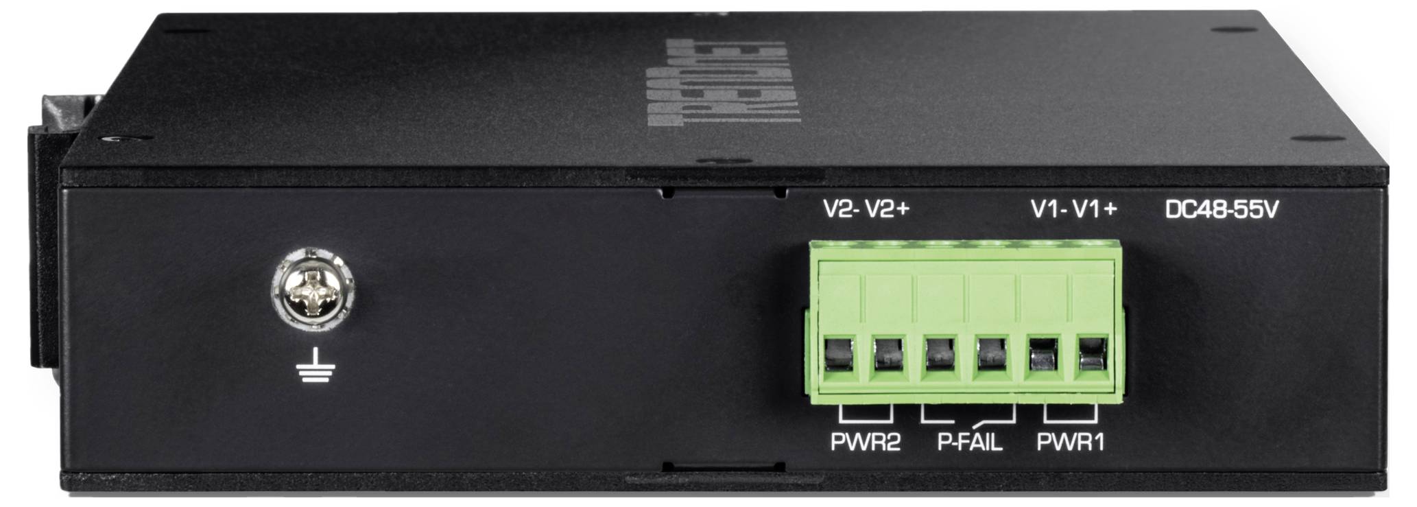 Zwart-grijs elektrisch apparaat met groene aansluitklem en aardingsschakelaar. Links PWR2-, PF- en PWR1-aansluitingen, rechts DC48-55V.