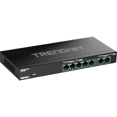 Een zwarte 8-poorts Gigabit-netwerk-switch van TRENDnet met meerdere Ethernet-poorten aan de voorkant.