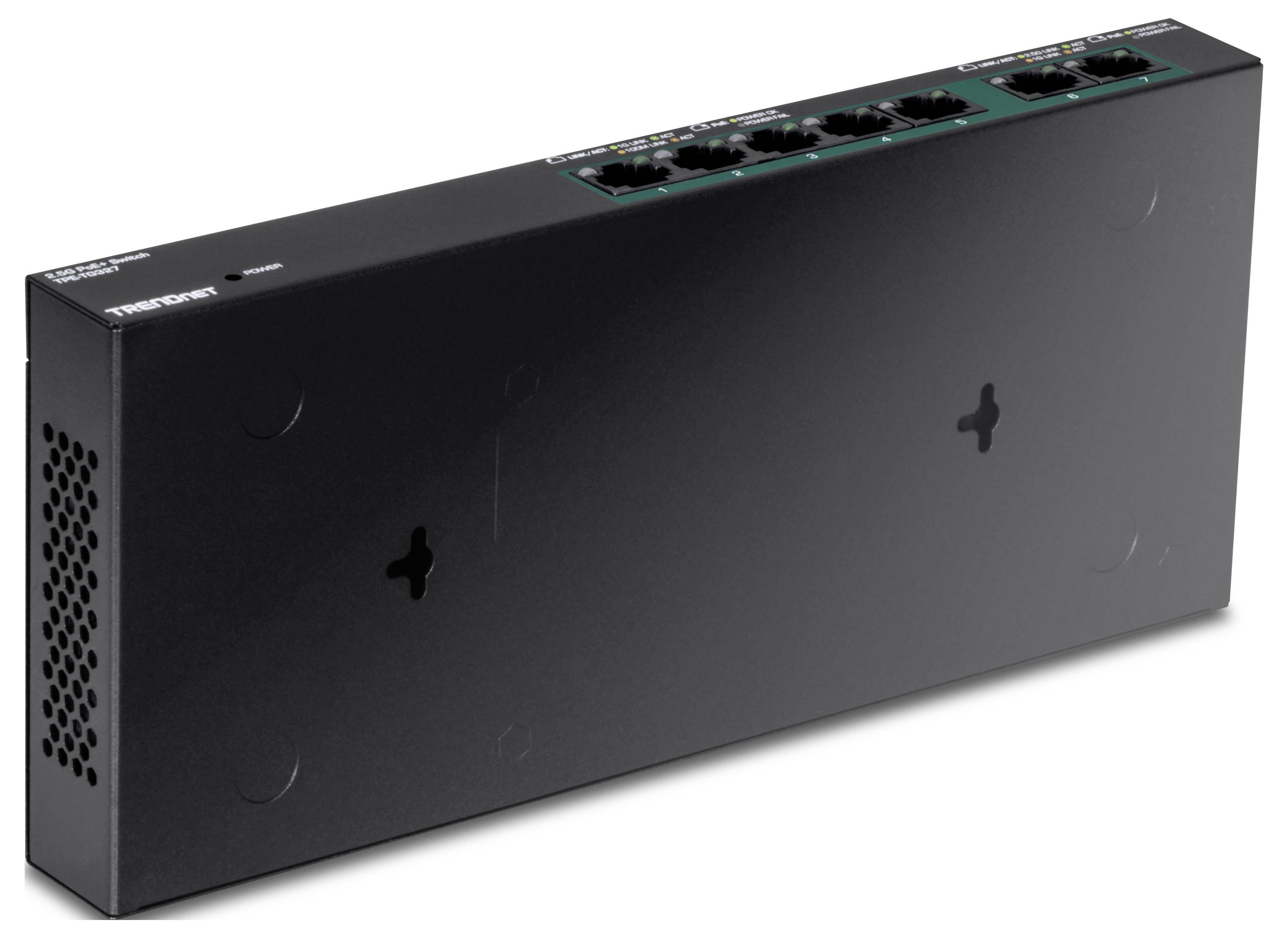 Een zwarte netwerk-switch met zes Ethernet-poorten aan de bovenkant. De switch is geschikt voor wandmontage en heeft ventilatiesleuven.