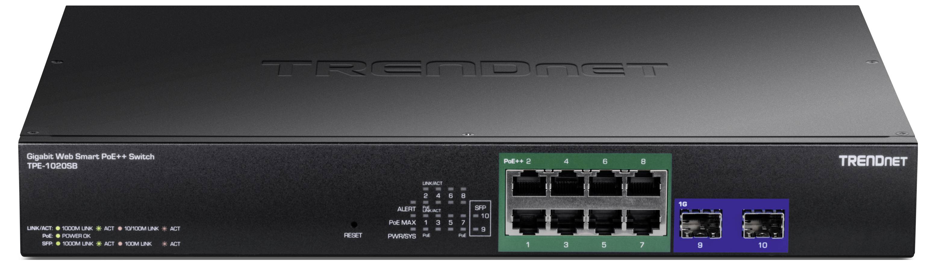 Een zwarte netwerk-switch met acht Ethernet-poorten en twee glasvezelaansluitingen. Merknaam en modelnummer erop afgebeeld.