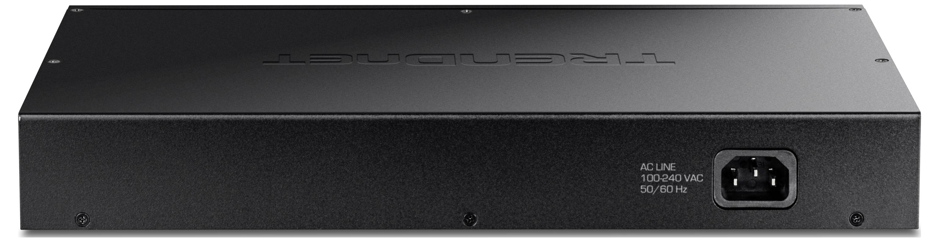 Achteraanzicht van een netwerk-switch met stroomaansluiting en een stroomgerelateerde tekst rechts.