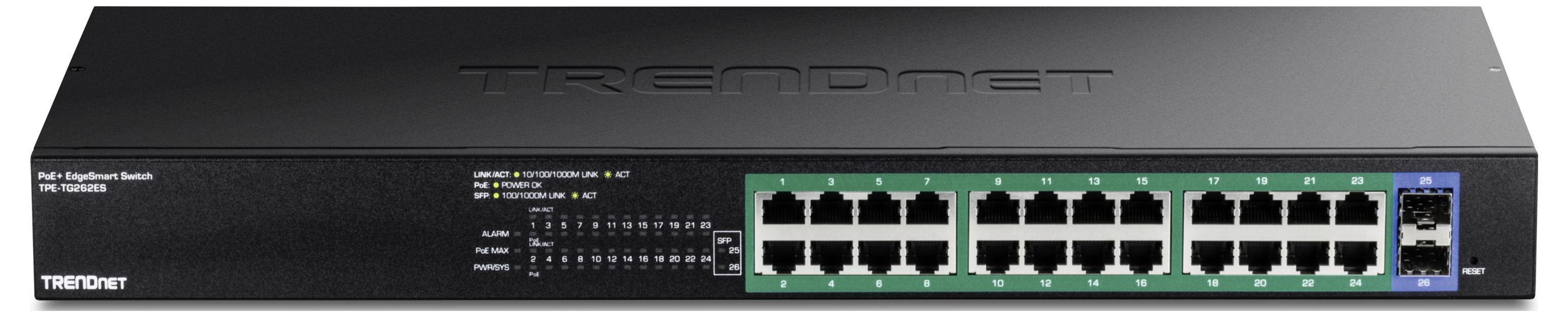 Een 24-poorts Gigabit-switch van TRENDnet, model TEG-S24D, in een zwarte behuizing, voor netwerkverbindingen en gegevensbeheer.