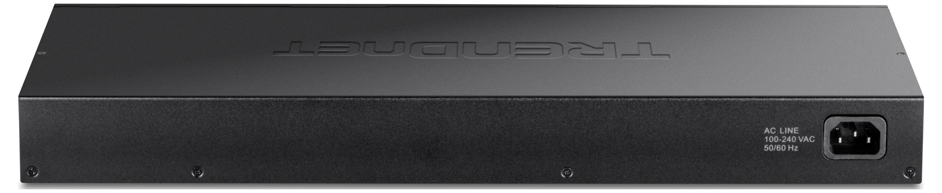 Een netwerk-switchapparaat met een metalen behuizing, achteraanzicht. Rechts bevindt zich een stroomaansluiting met het opschrift 'AC LINE'.