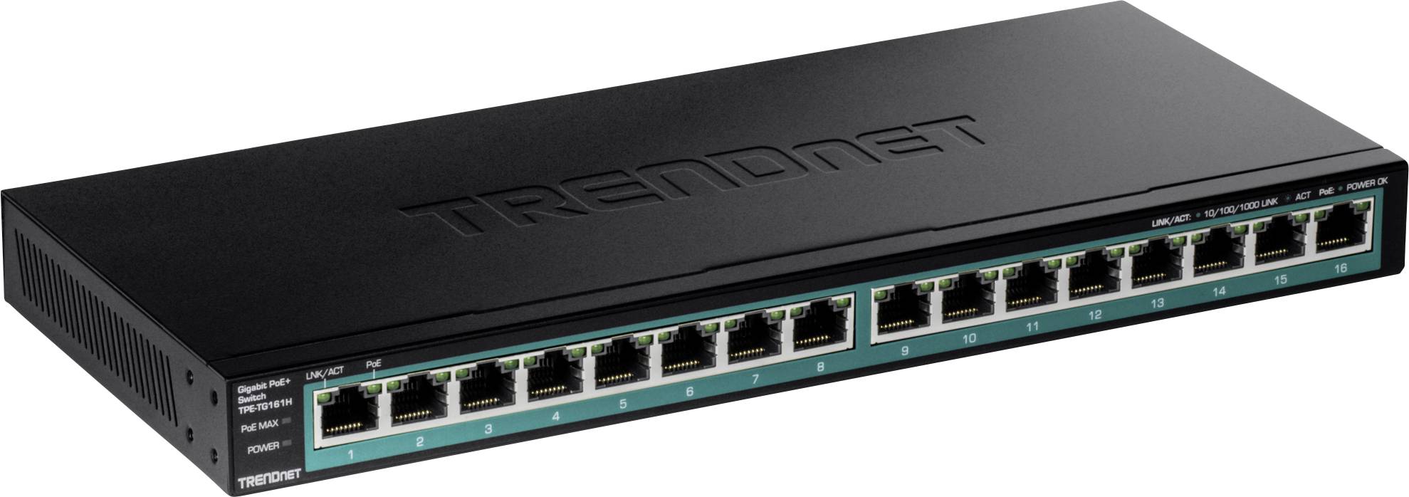 Een zwarte netwerksswitch met 16 Ethernet-poorten, gemerkt met 'TRENDnet'. Poorten zijn genummerd en tonen netwerk-statusleds.