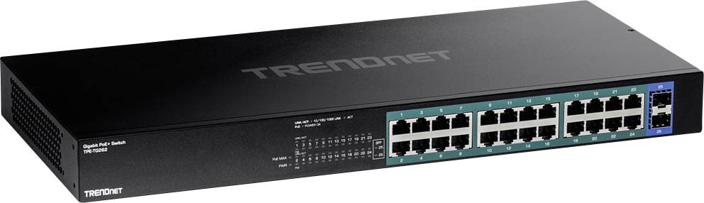 Een netwerk-switch van TRENDnet met 24 Ethernet-poorten en LED's voor statusweergave aan de voorkant, geschikt voor verbindingen in een bedrijfsnetwerk.
