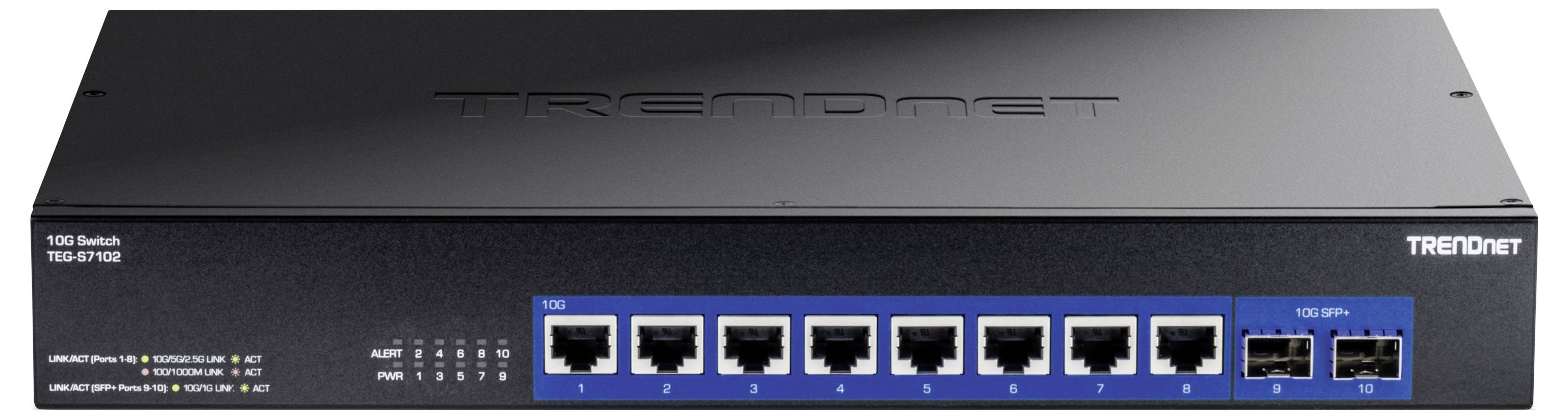 Gigabit-netwerksswitch van TRENDnet met acht Ethernet-poorten en twee SFP-poorten, geschikt voor snelle en betrouwbare netwerkverbindingen.