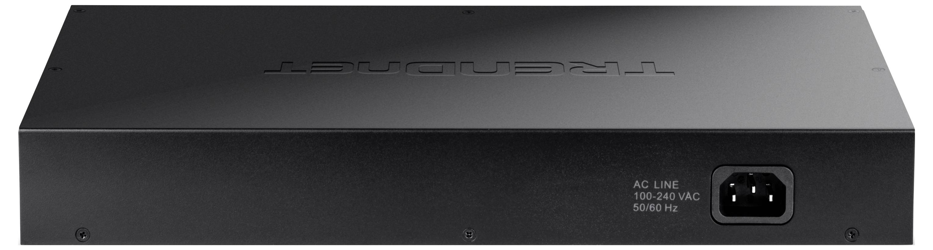 De apparaataansluiting toont de achterkant van een zwart elektronisch apparaat met stroomaansluiting en spanningsspecificaties 100-240 VAC, 50/60 Hz.