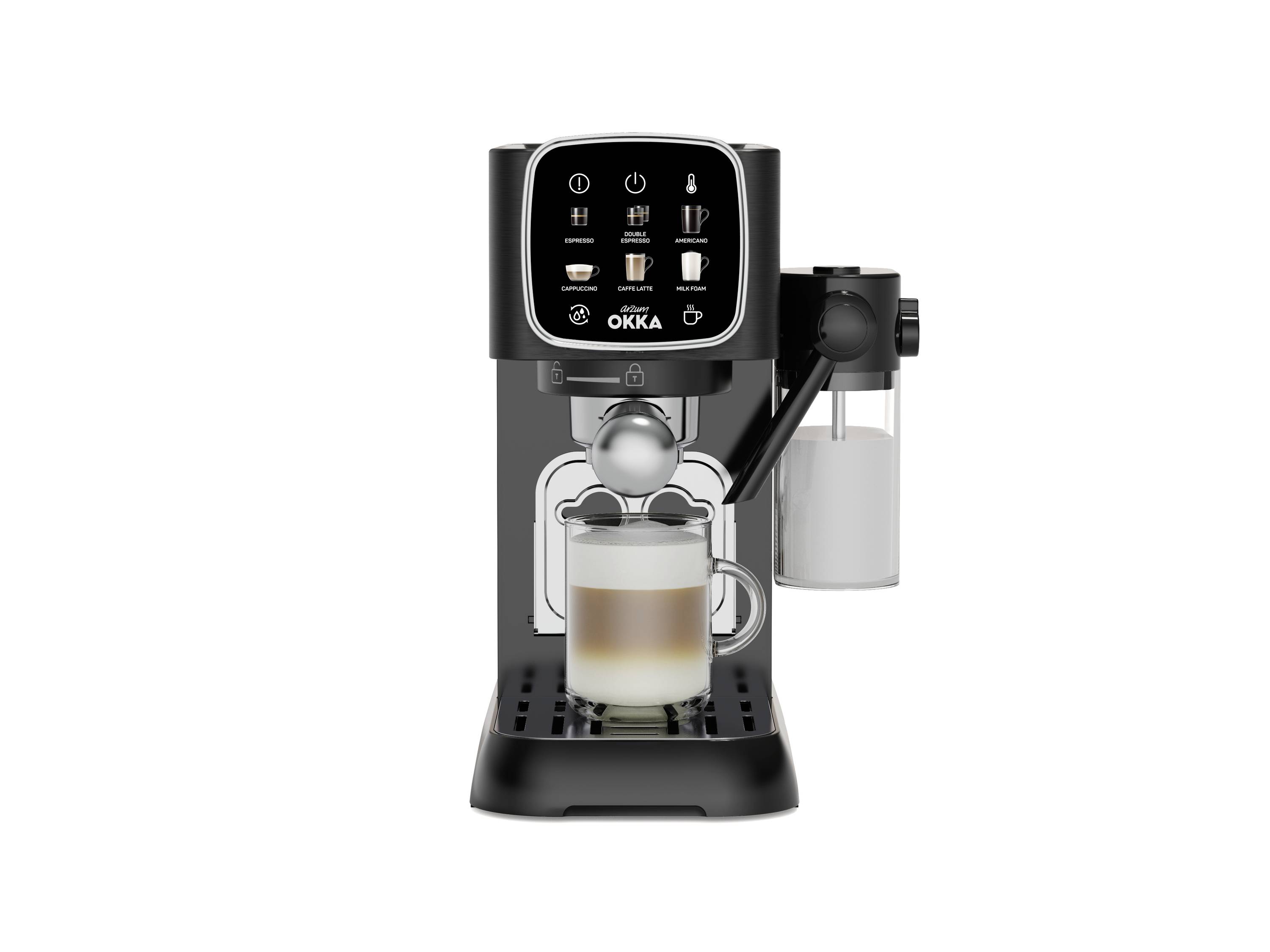 Koffiemachine met melkopschuimer bereidt een kopje cappuccino. Zwart apparaat met bedieningspaneel en glazen reservoir voor melk.