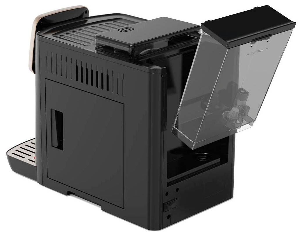 Een zwarte koffiemachine met geopende waterreservoir, een zijdelingse lekbak en een compacte behuizing voor thuisgebruik.