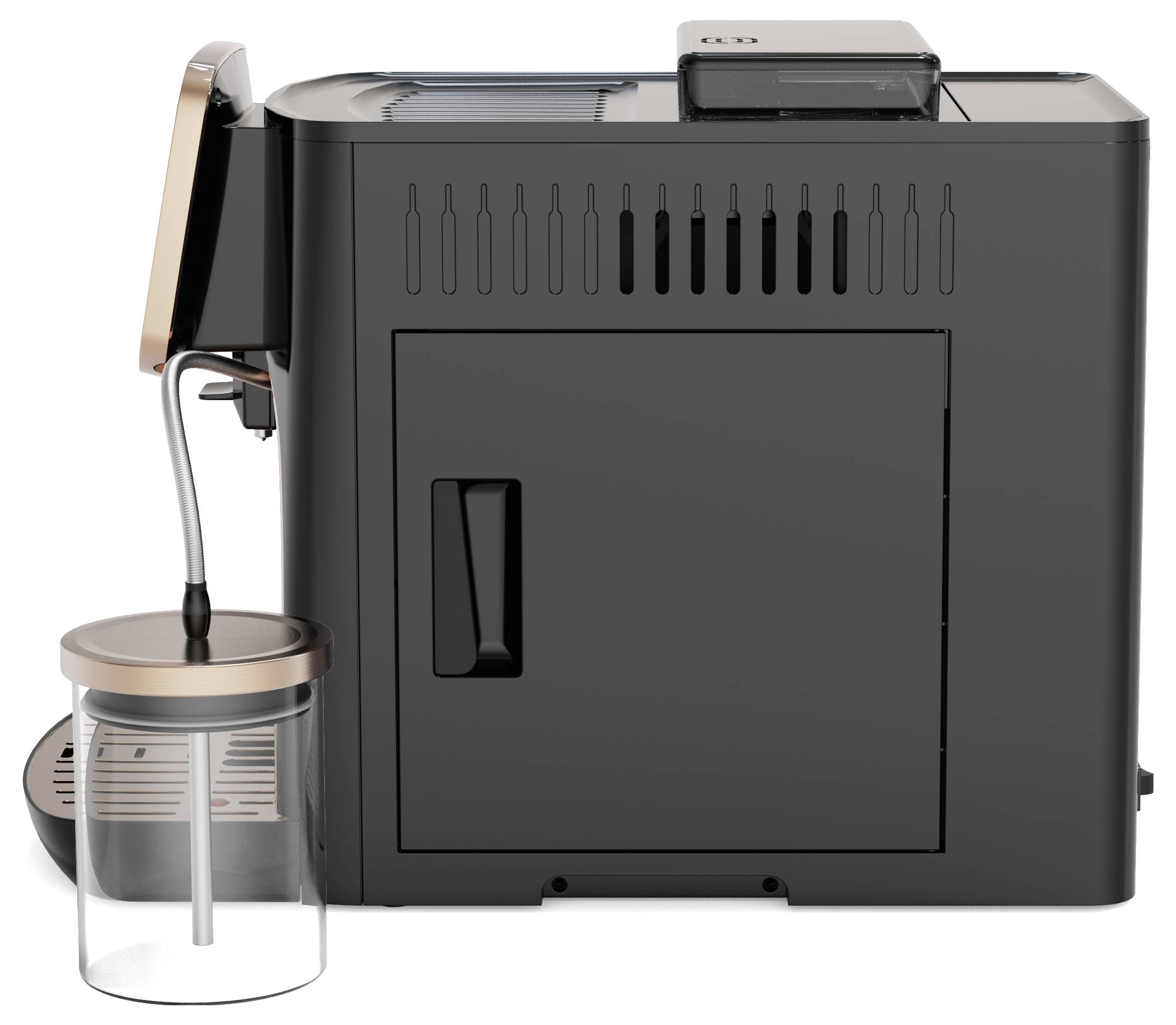 Espressomachine aan de zijkant, met melkcontainer links. Modern design, zwarte behuizing met koperdetails.