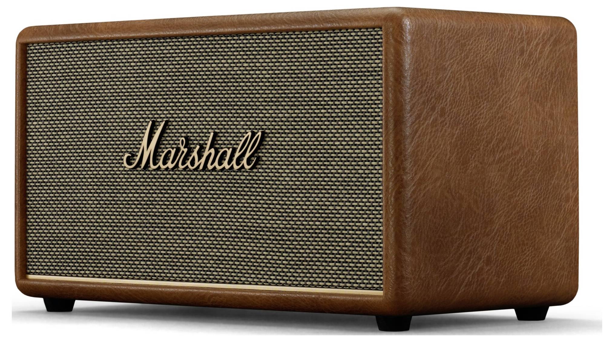 Bruine luidspreker in vintage-design met 'Marshall' opschrift op het frontrooster.